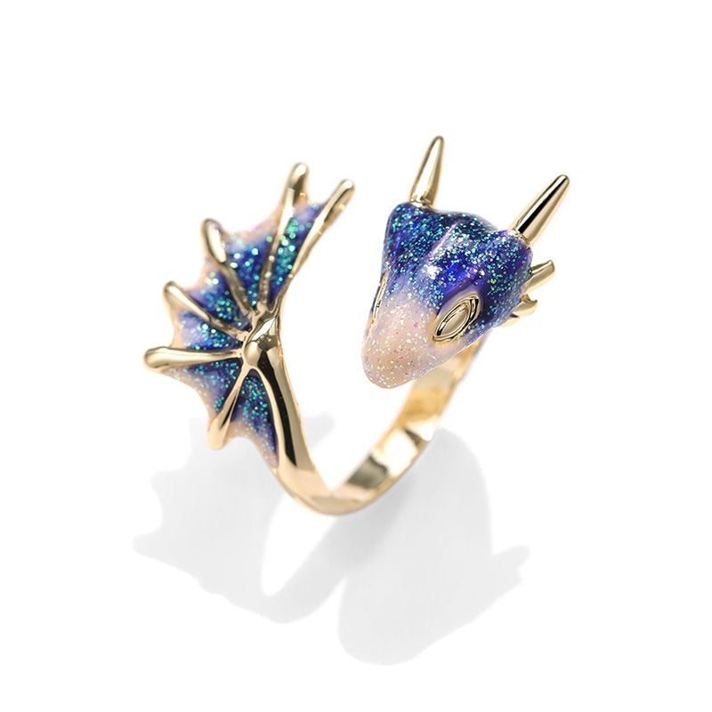 Bague de dragon ajustable en argent et émail peint à la main