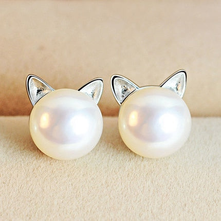 Boucles d'oreilles chaton en argent et perles de culture